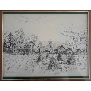 DAN NILLES Midwest Artist Black/White Farm Scene -- 18" X 22" Framed
